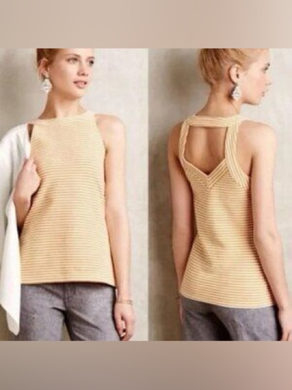 Anthropologie Deletta Textured Stripe Open Back Tank Top Boho Chic